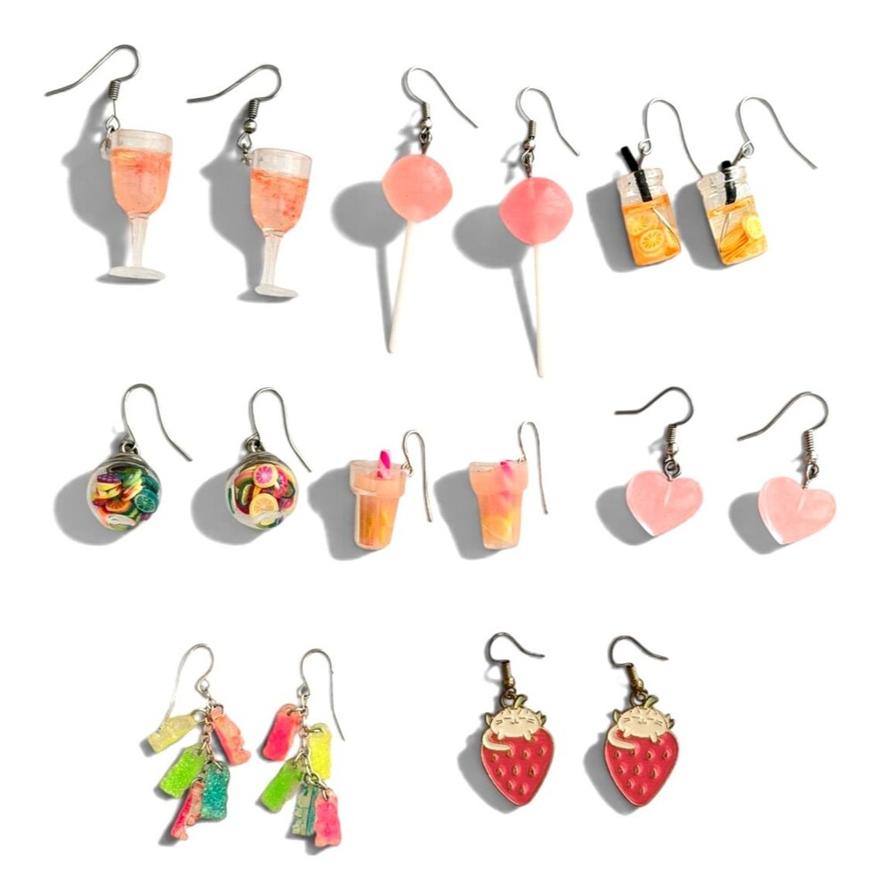 Lot of 8 Pairs Novelty Dangle Earrings Drink Lollipop Gummy Bear Fruit Cat Desc